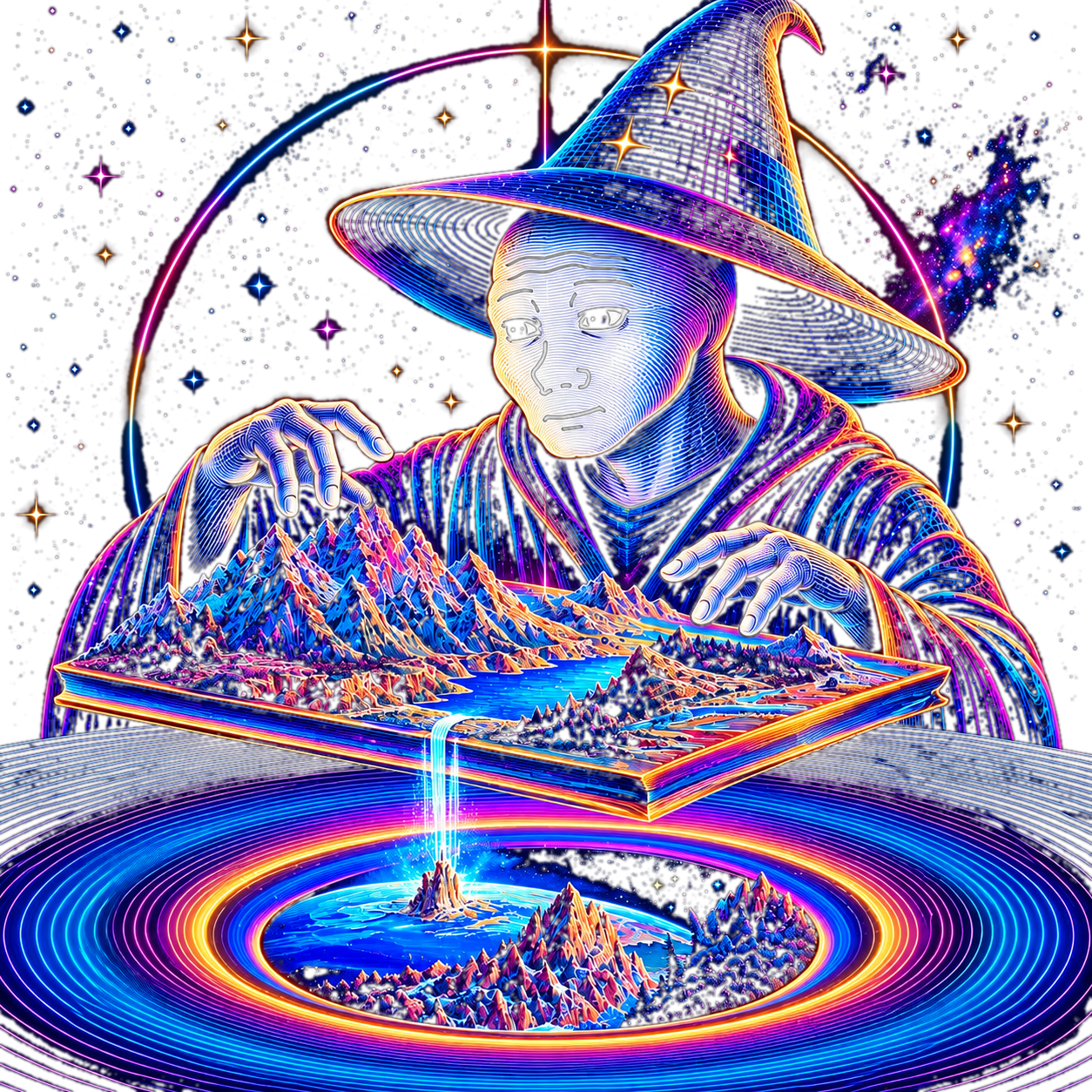 A neon Wojak wizard shaping a miniature mountain world above a rainbow portal